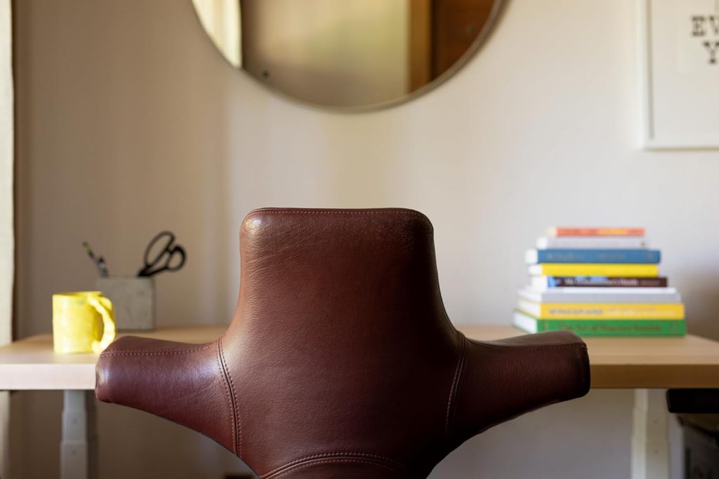 HAG Capisco Adjustable Standing Desk Chair - Black Frame - Leather Tan Brown Seat
