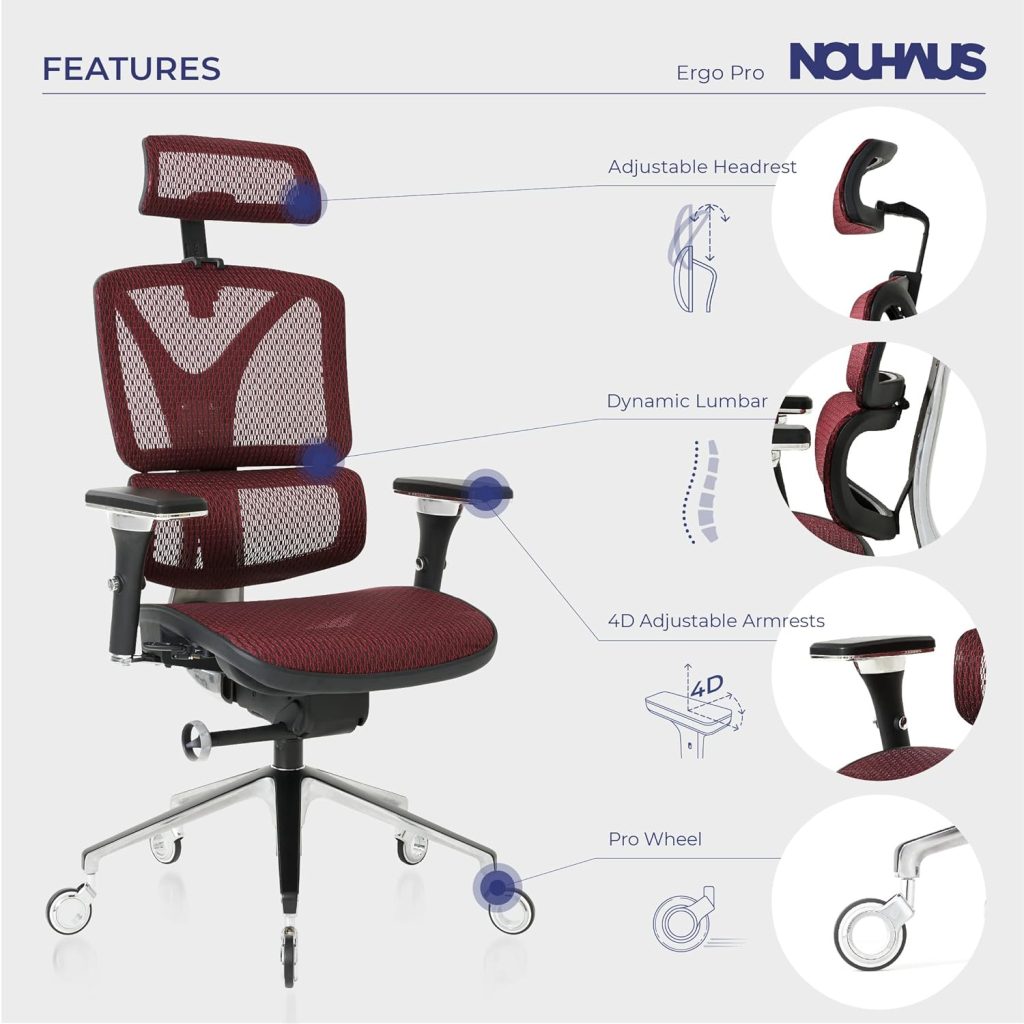 Nouhaus ErgoPRO Ergonomic Office Chair with Back Support, Computer and Dorm Chair for Study. Rolling PROWheels, 360 Degree Swivel, Mesh. (Black)