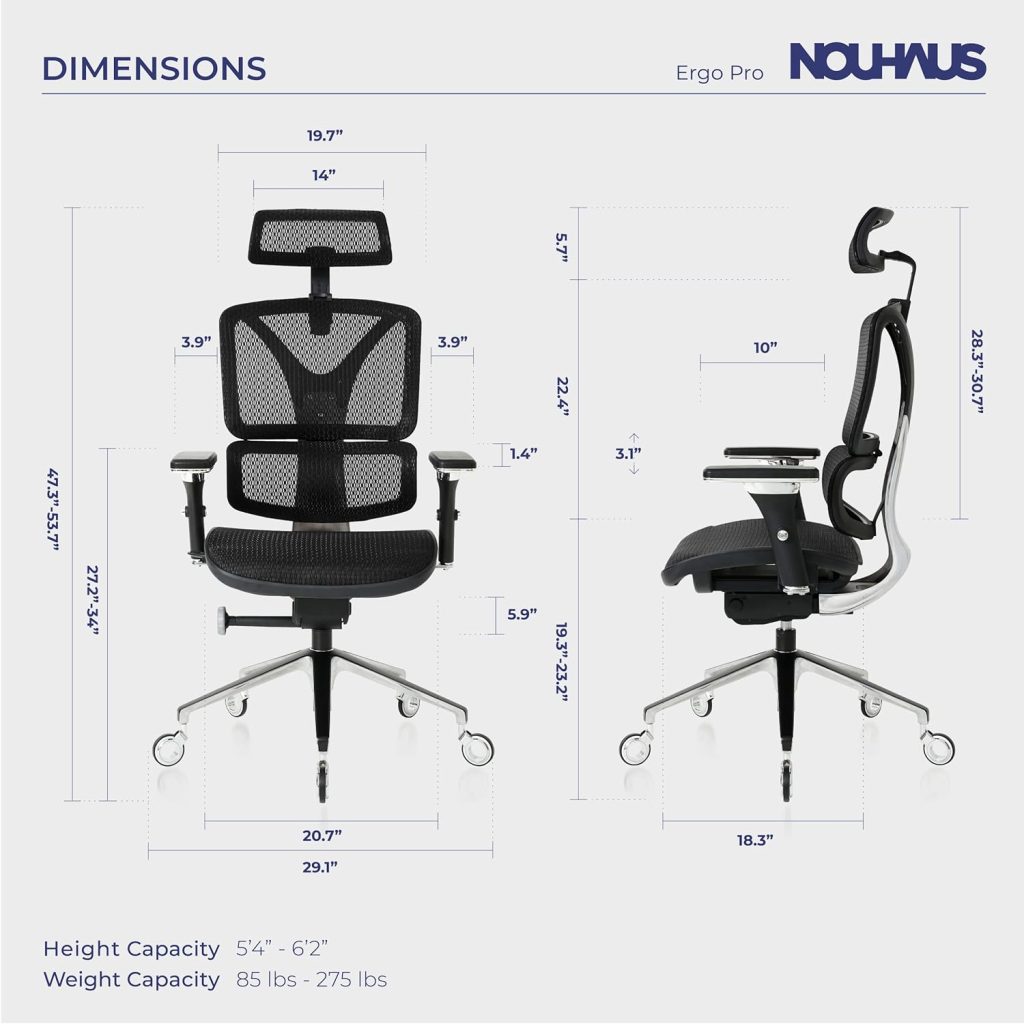Nouhaus ErgoPRO Ergonomic Office Chair with Back Support, Computer and Dorm Chair for Study. Rolling PROWheels, 360 Degree Swivel, Mesh. (Black)