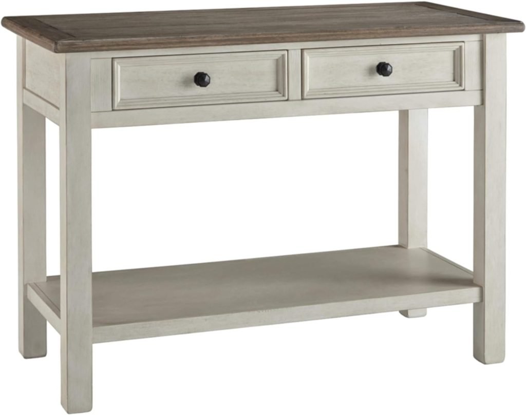 Signature Design by Ashley Bolanburg Farmhouse Chair Side End Table with Outlets and USB Ports, Antique White  Brown  Bolanburg Farmhouse Rectangular Two Tone Sofa Table, Antique White