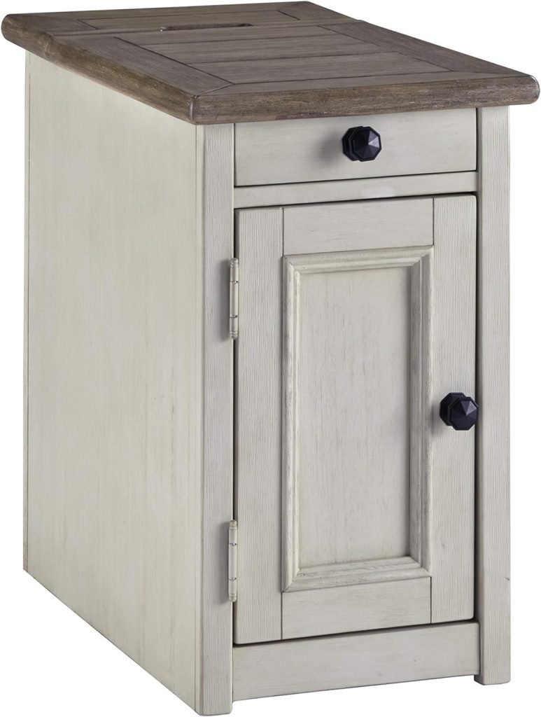 Signature Design by Ashley Bolanburg Farmhouse Chair Side End Table with Outlets and USB Ports, Antique White  Brown  Bolanburg Farmhouse Rectangular Two Tone Sofa Table, Antique White