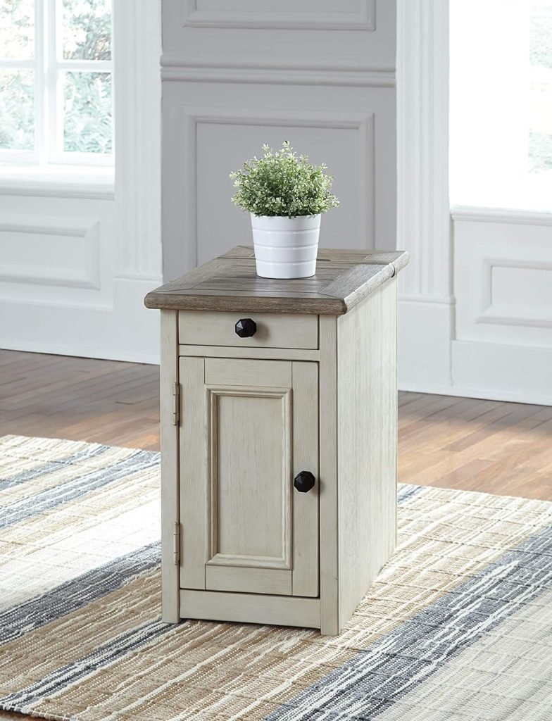 Signature Design by Ashley Bolanburg Farmhouse Chair Side End Table with Outlets and USB Ports, Antique White  Brown  Bolanburg Farmhouse Rectangular Two Tone Sofa Table, Antique White