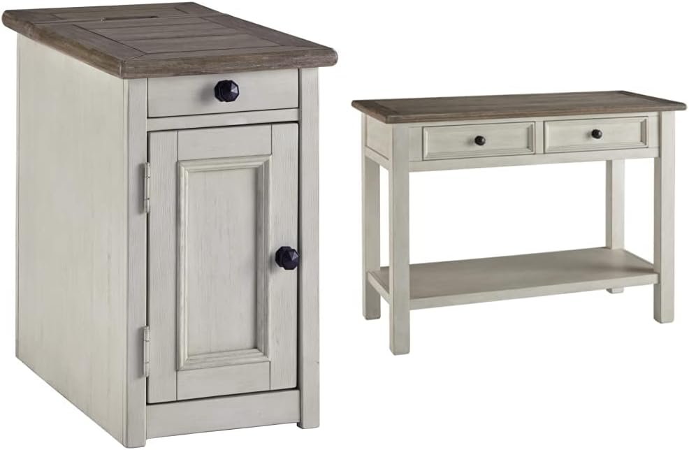Signature Design by Ashley Bolanburg Farmhouse Chair Side End Table with Outlets and USB Ports, Antique White  Brown  Bolanburg Farmhouse Rectangular Two Tone Sofa Table, Antique White