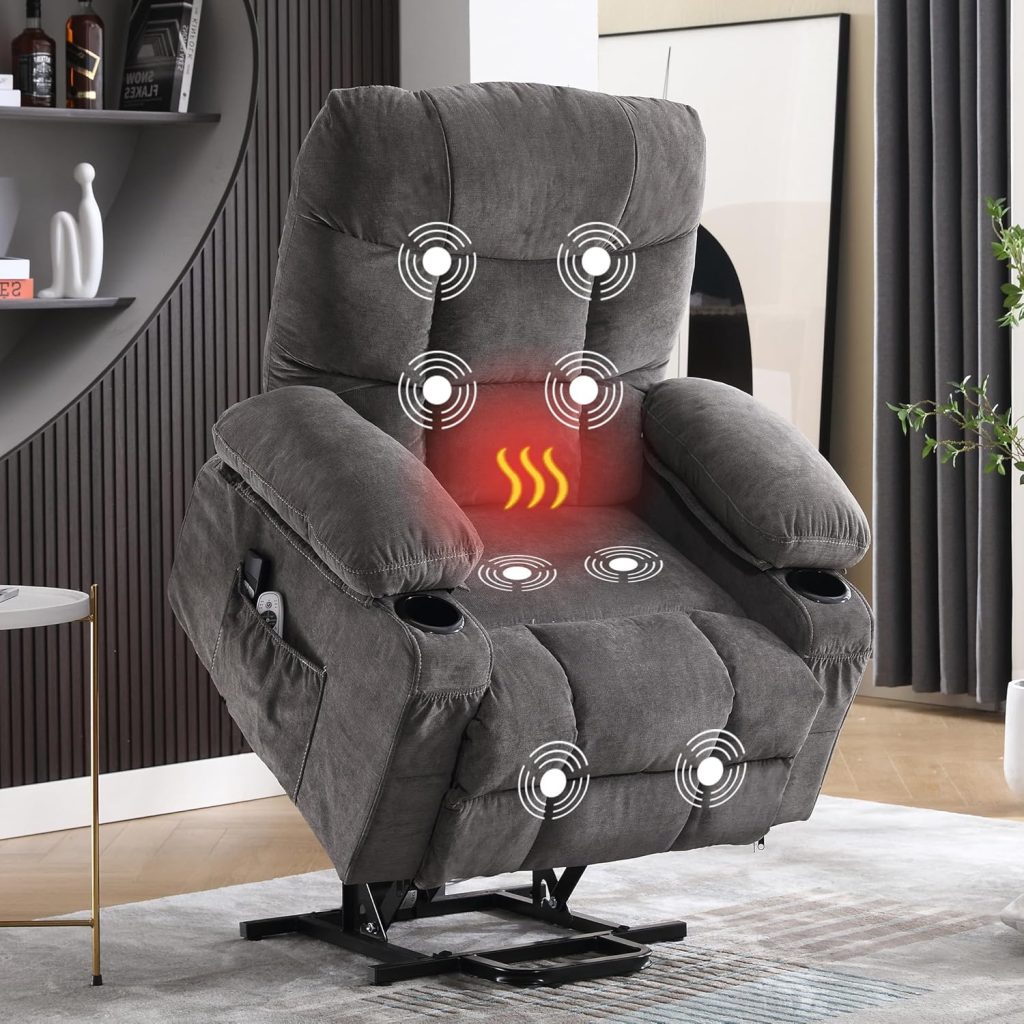 Power Lift Recliner Chair with Vibration Massage and Lumbar Heating for Elderly, Electric Lift Recliner Single Sofa with Side Pocket, Two Cup Holders and USB Charge Port for Living Room