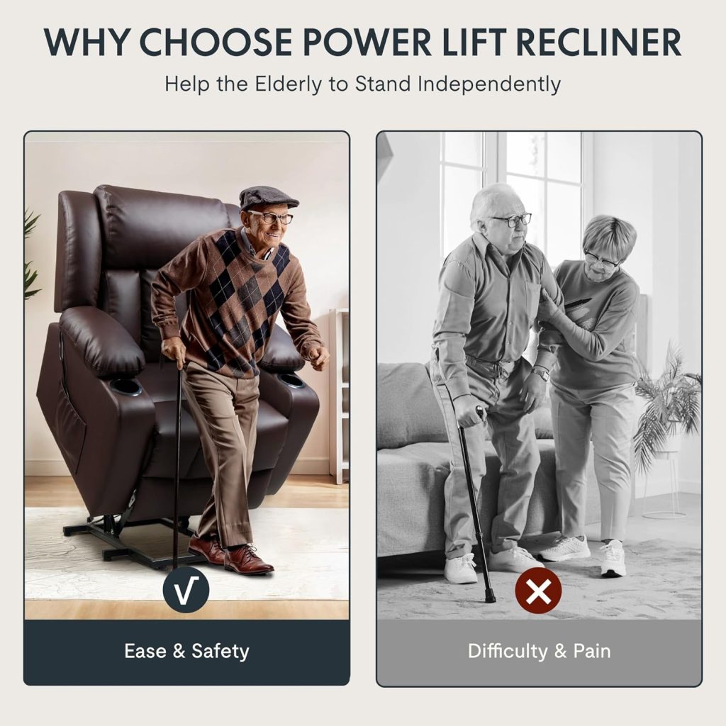 FLEXISPOT XL31 Power Lift Recliner Chair for Elderly, Electric Lift Chair with Massage  Heat, PU Leather Reclining Sofa w/Cup Holders, Side Pockets for Living Room Bedroom(Medium Size,Brown)