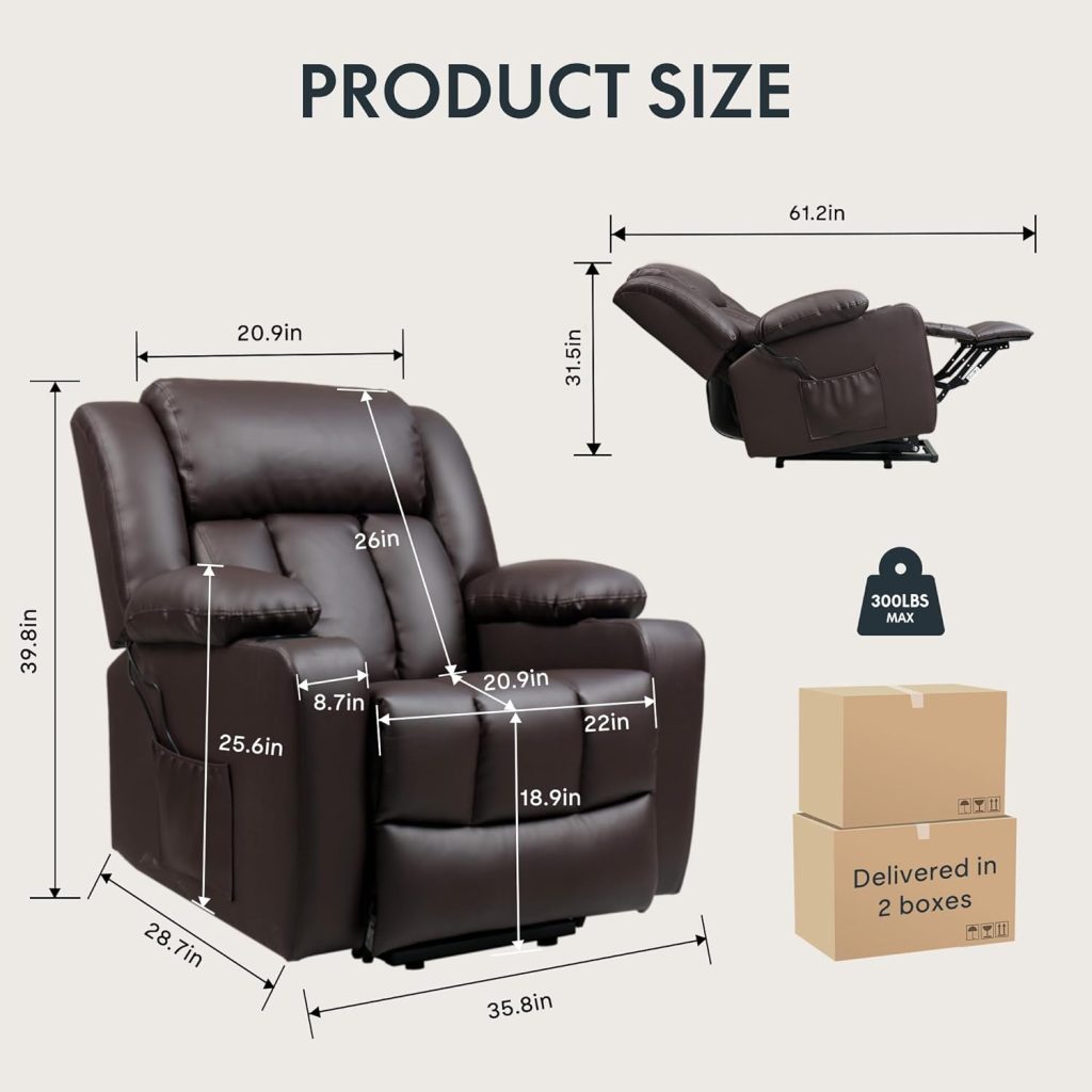 FLEXISPOT XL31 Power Lift Recliner Chair for Elderly, Electric Lift Chair with Massage  Heat, PU Leather Reclining Sofa w/Cup Holders, Side Pockets for Living Room Bedroom(Medium Size,Brown)