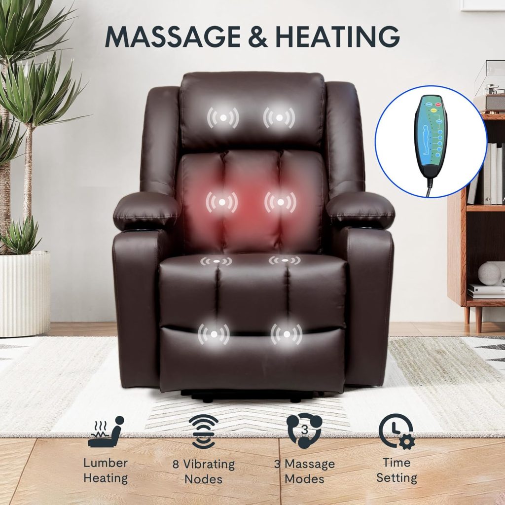 FLEXISPOT XL31 Power Lift Recliner Chair for Elderly, Electric Lift Chair with Massage  Heat, PU Leather Reclining Sofa w/Cup Holders, Side Pockets for Living Room Bedroom(Medium Size,Brown)