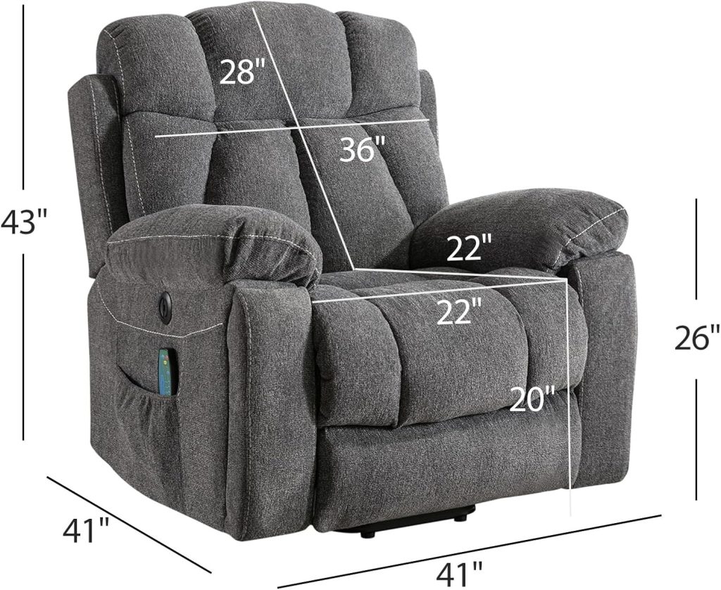 Phoenix Home Large Power Lift Recliner Chair with Massage and Heat for Elderly, Overstuffed Wide Recliners with 2 Cup Holders, Side Pocket and USB Port, Dark Gray