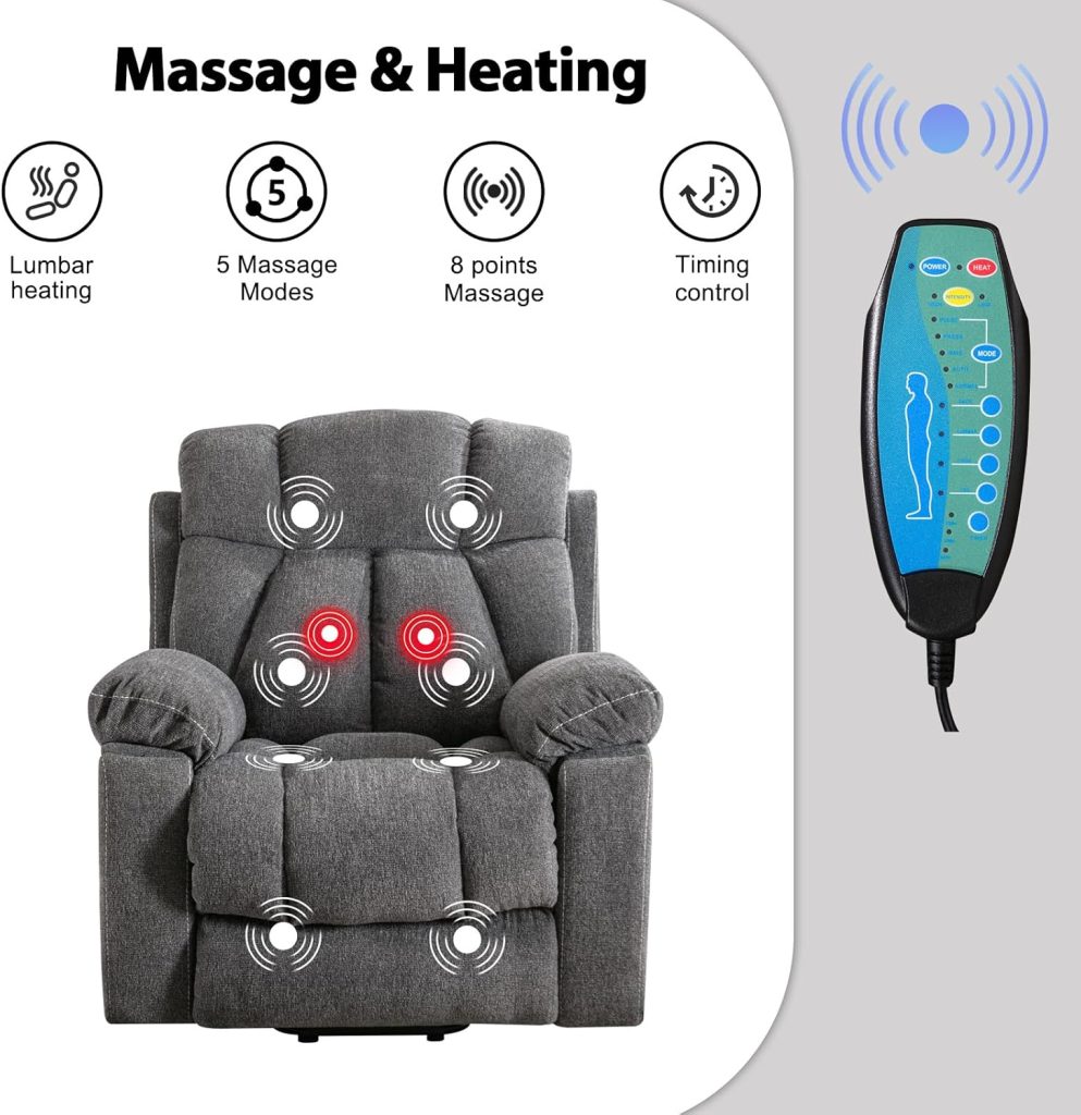 Phoenix Home Large Power Lift Recliner Chair with Massage and Heat for Elderly, Overstuffed Wide Recliners with 2 Cup Holders, Side Pocket and USB Port, Dark Gray