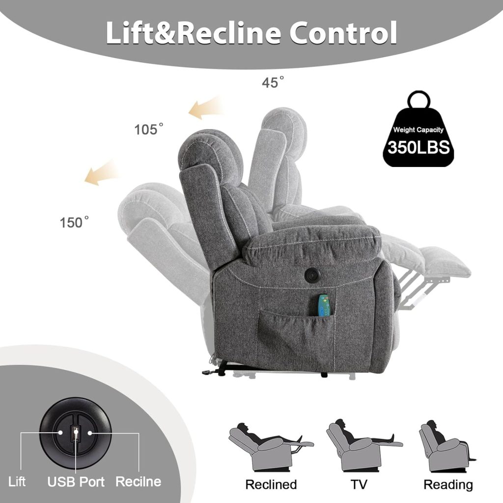 Phoenix Home Large Power Lift Recliner Chair with Massage and Heat for Elderly, Overstuffed Wide Recliners with 2 Cup Holders, Side Pocket and USB Port, Dark Gray