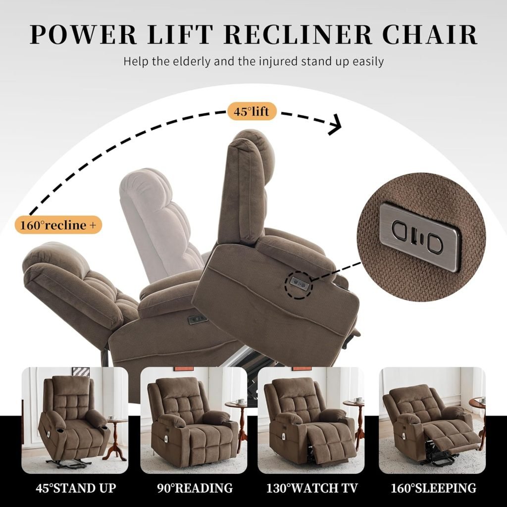 Power Lift Chair Recliners for Elderly with Heat and Massage, Recliner Chairs for Adults, Upgraded Fabric Recliner with USB  Type-C Charge Port, Cup Holders, L9911 (Brown)