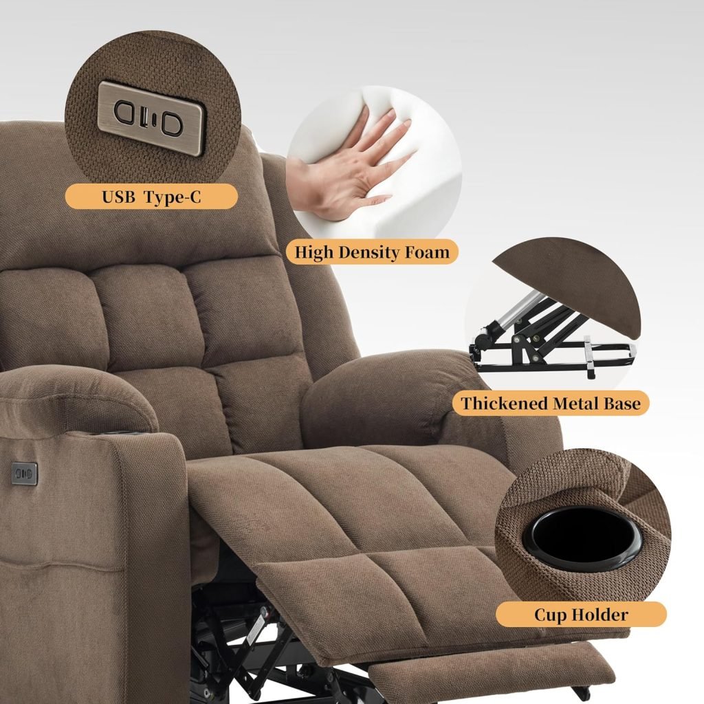 Power Lift Chair Recliners for Elderly with Heat and Massage, Recliner Chairs for Adults, Upgraded Fabric Recliner with USB  Type-C Charge Port, Cup Holders, L9911 (Brown)