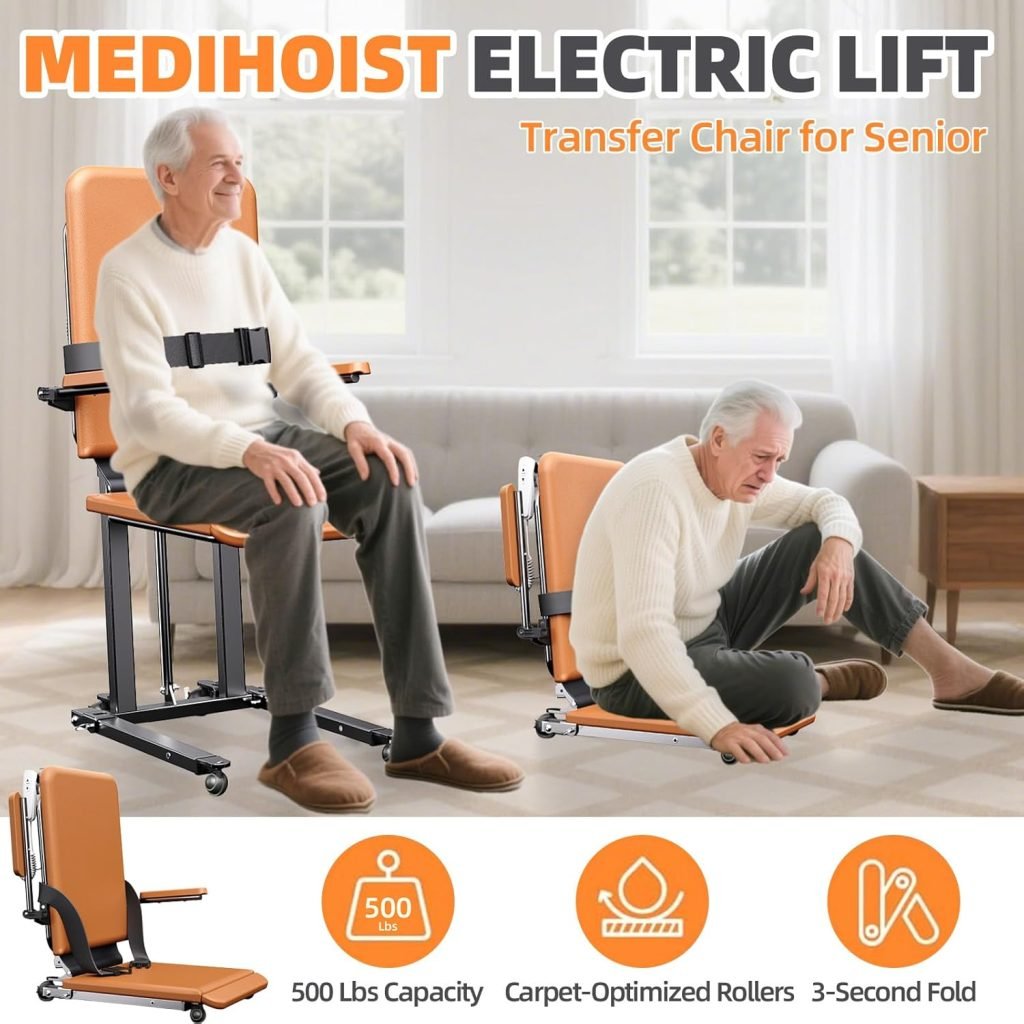 Upgrade Steel Electric Lift Chair with Advanced Wheels and PU Cushion, Floor Lift for Elderly, Support Up to 500 LBS, Safety Seat Belts and Handrails, Suitable for Home or Care Facilities Use, Black