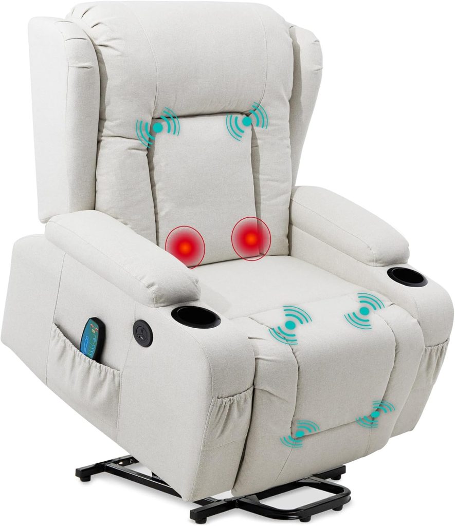 Best Choice Products Modern Linen Electric Power Lift Chair, Recliner Massage Chair, Adjustable Furniture for Back, Legs w/ 3 Positions, USB Port, Heat, Cupholders, Easy-to-Reach Button - Ivory