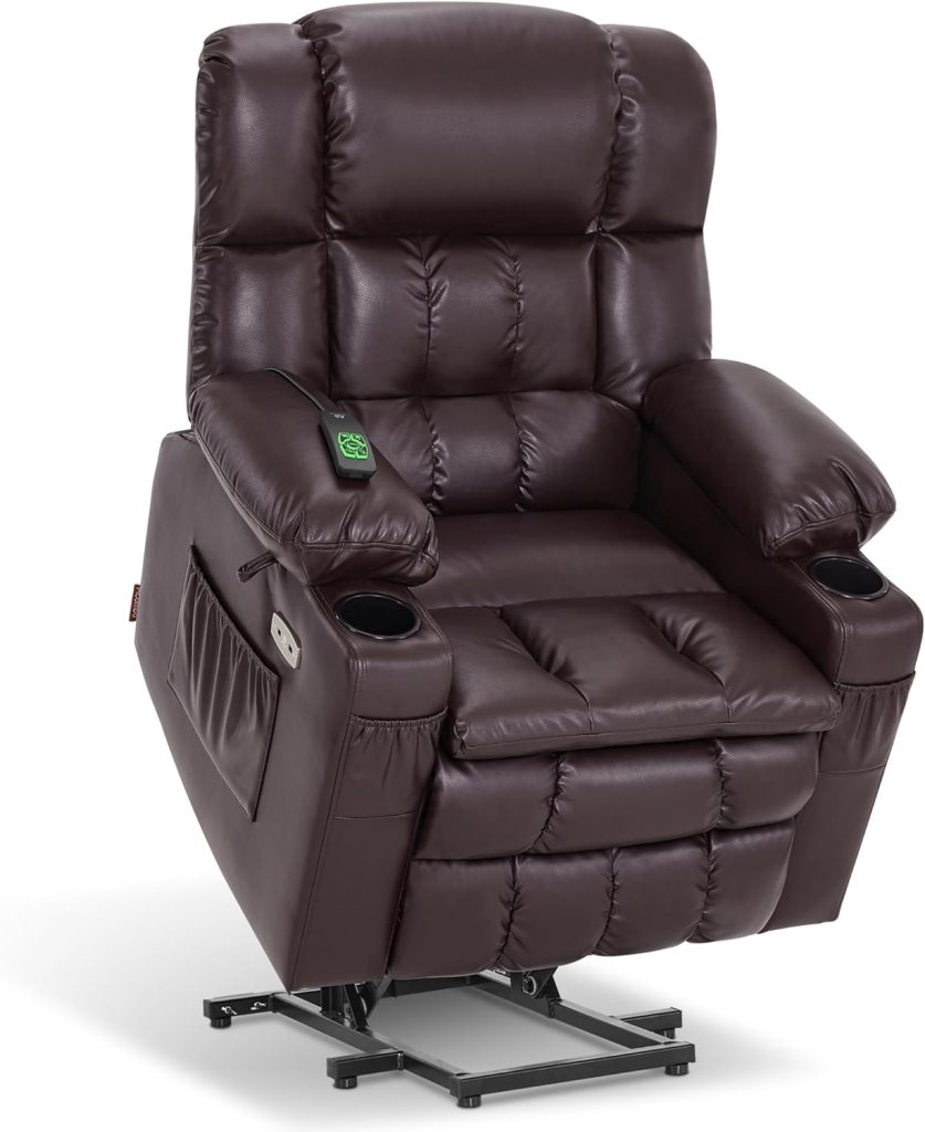 MCombo Dual Motor Power Lift Recliner Chair for Elderly, Lay Flat Lift Chair with Heat and Massage, Cup Holders, USB Ports, Faux Leather 7890 (Dark Brown, Medium)