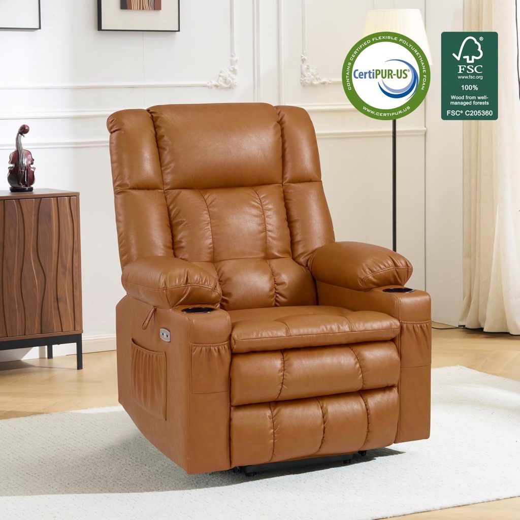 MCombo Dual Motor Power Lift Recliner Chair for Elderly, Lay Flat Lift Chair with Heat and Massage, Cup Holders, USB Ports, Faux Leather 7890 (Dark Brown, Medium)