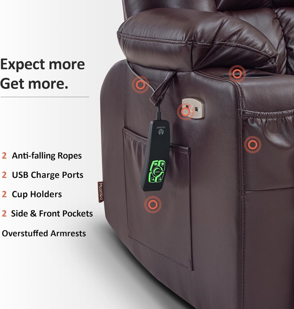 MCombo Dual Motor Power Lift Recliner Chair for Elderly, Lay Flat Lift Chair with Heat and Massage, Cup Holders, USB Ports, Faux Leather 7890 (Dark Brown, Medium)