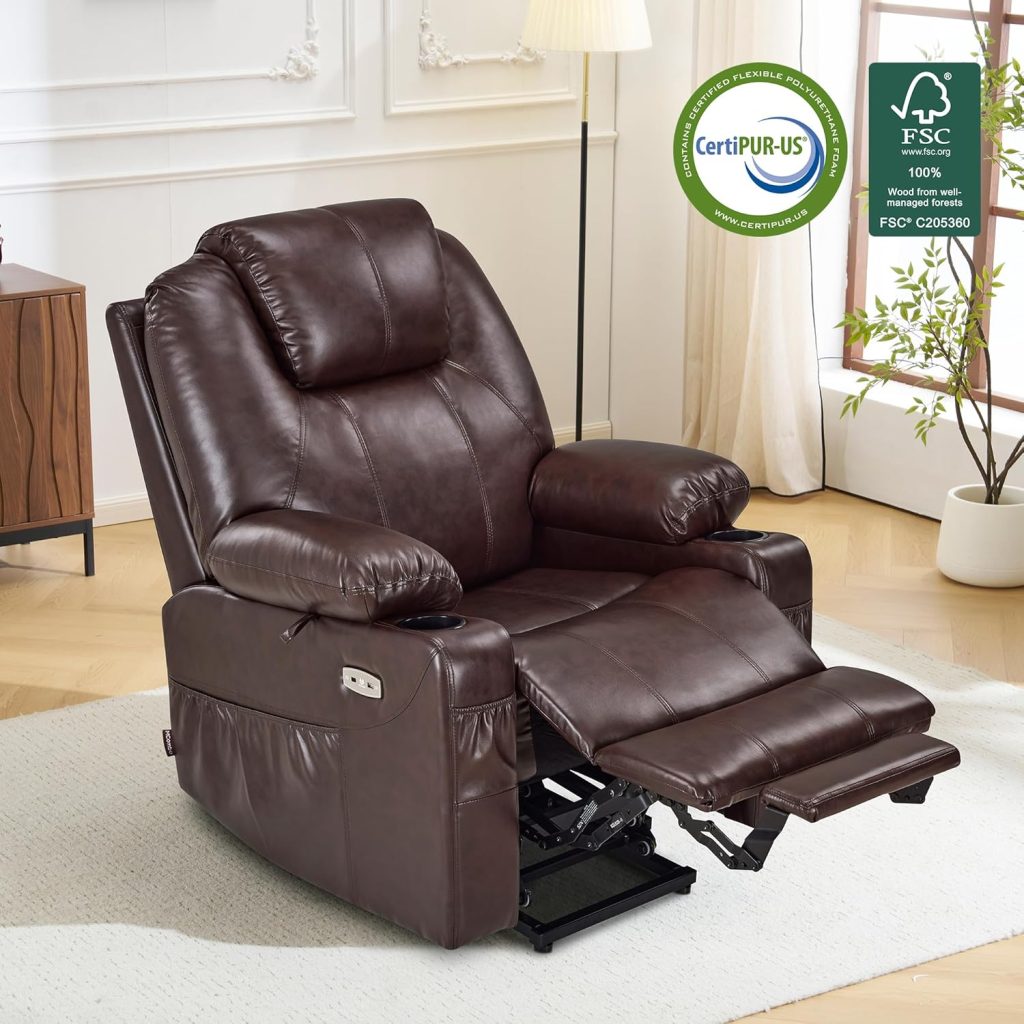 MCombo Power Lift Recliner Chair for Elderly, Lift Chair with Heat and Massage, FSC Certified, USB Ports, Cup Holders, Faux Leather 7040 (Cream White, Medium)