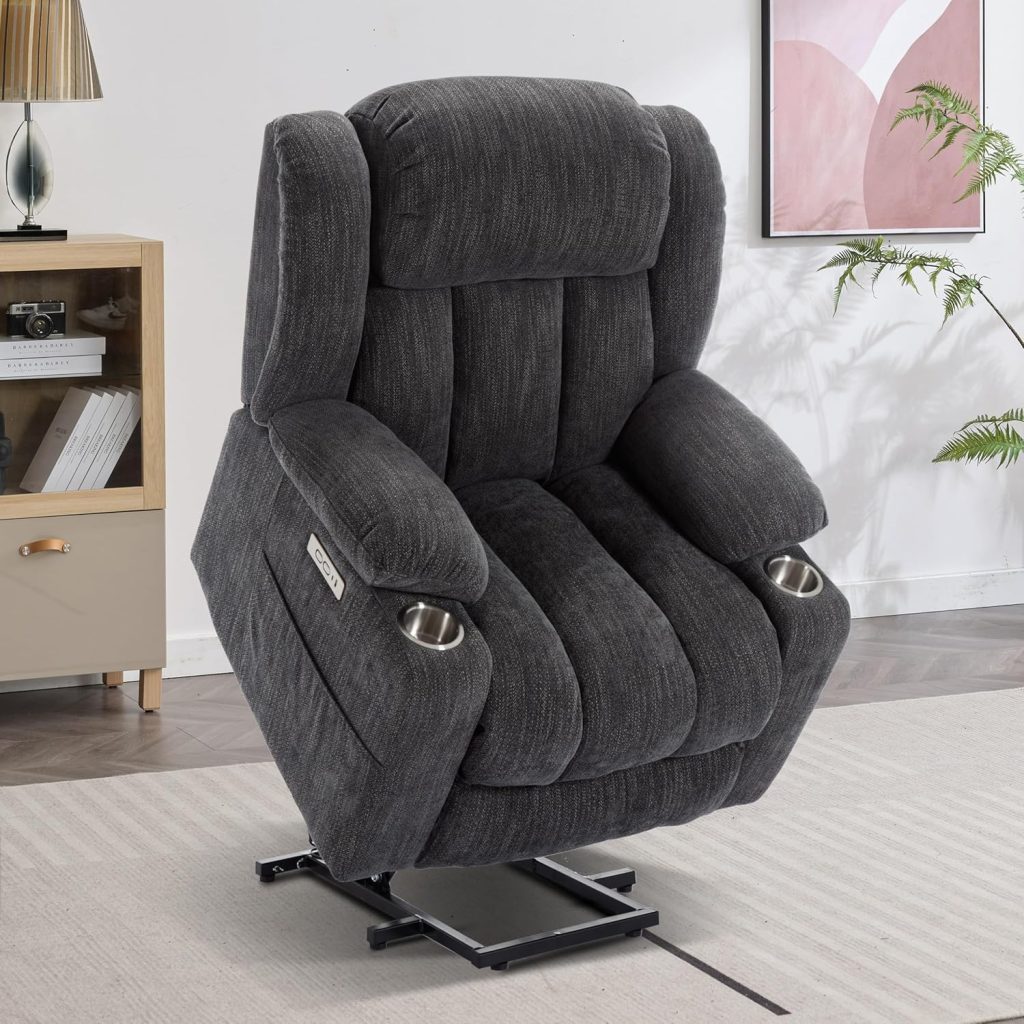 Power Lift Chair with Full-Body Massage and Heat, Electric Recliner Chairs for Adults, Remote Control, Standing Assistance, USB Ports, Stainless Steel Cup Holders, Chenille Grey.