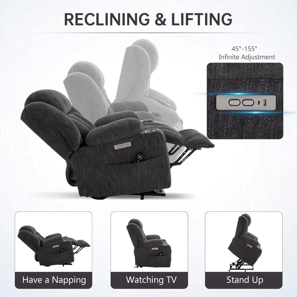 Power Lift Chair with Full-Body Massage and Heat, Electric Recliner Chairs for Adults, Remote Control, Standing Assistance, USB Ports, Stainless Steel Cup Holders, Chenille Grey.