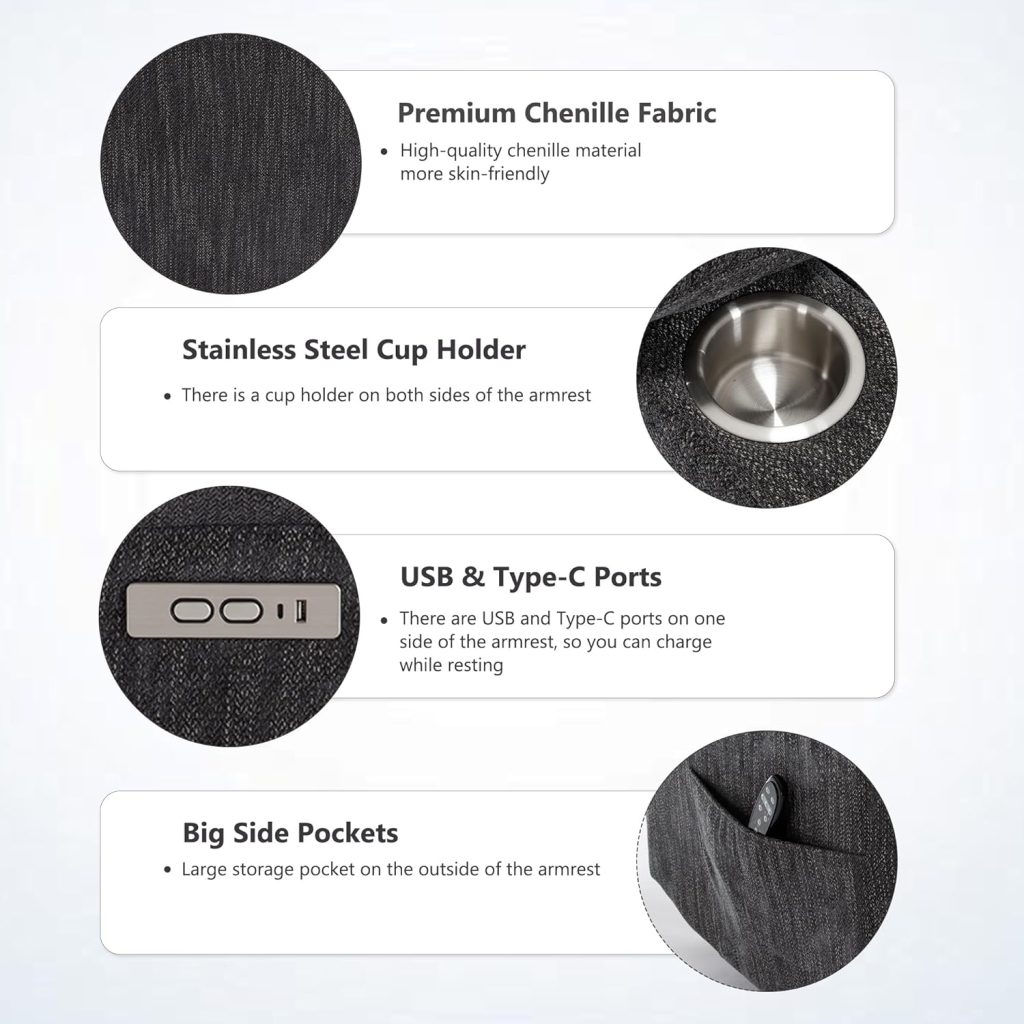 Power Lift Chair with Full-Body Massage and Heat, Electric Recliner Chairs for Adults, Remote Control, Standing Assistance, USB Ports, Stainless Steel Cup Holders, Chenille Grey.