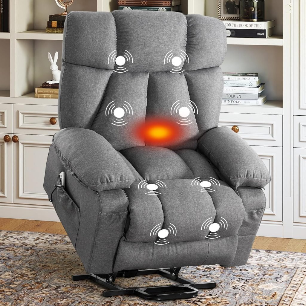 Power Lift Recliner Chair for Elderly, Lift Chair with Massage and Heat for Living Room, Fabric Electric Recliner Chairs with Side Pockets, USB Charge Port,Grey
