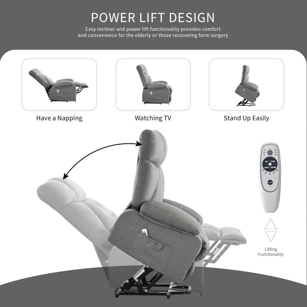 Power Lift Recliner Chair for Elderly, Lift Chair with Massage and Heat for Living Room, Fabric Electric Recliner Chairs with Side Pockets, USB Charge Port,Grey