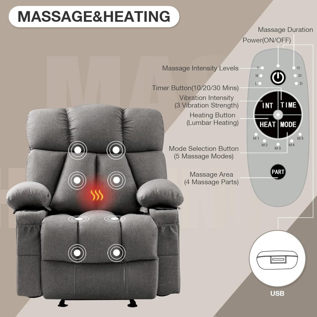Power Lift Recliner Chair for Elderly, Lift Chair with Massage and Heat for Living Room, Fabric Electric Recliner Chairs with Side Pockets, USB Charge Port,Grey