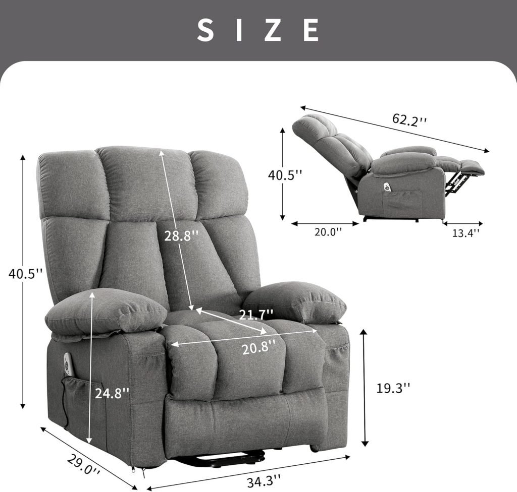 Power Lift Recliner Chair for Elderly, Lift Chair with Massage and Heat for Living Room, Fabric Electric Recliner Chairs with Side Pockets, USB Charge Port,Grey