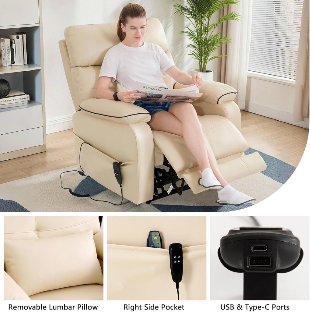 Dual Motor Power Lift Recliner Chair for Adult  Elderly, Infinite Position Lay Flat Lift Chair with Heat  Massage, Cup Holder, Lumbar Pillow, Wireless Charger, USB Ports, Leather (Beige)