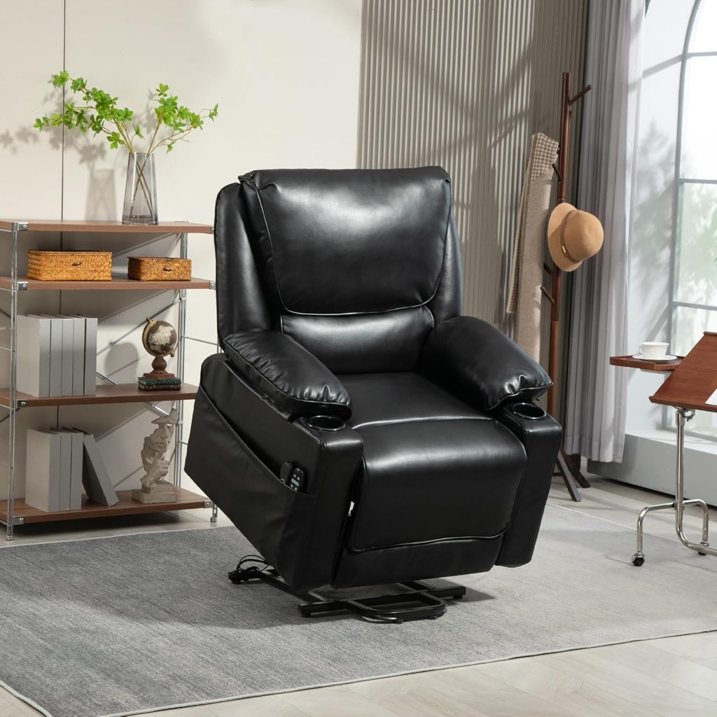 HOMCOM Power Lift Recliner Chair for Elderly, Wide Faux Leather Lift Chair with Vibration Massage and Heat, Overstuffed Reclining Single Sofa with Remote, USB Port, Side Pockets, Black HOMCOM Power Lift Recliner Chair for Elderly, Wide Faux Leather Lift Chair with Vibration Massage and Heat, Overstuffed Reclining Single Sofa with Remote, USB Port, Side Pockets, Black