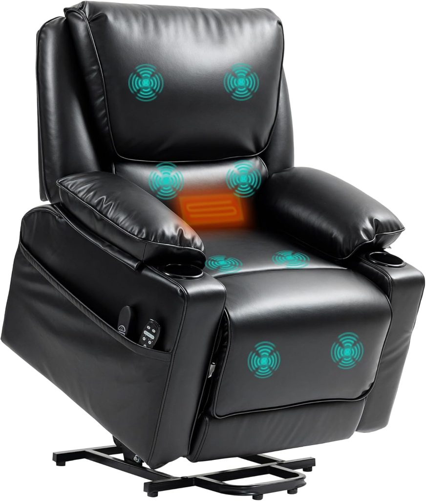 HOMCOM Power Lift Recliner Chair for Elderly, Wide Faux Leather Lift Chair with Vibration Massage and Heat, Overstuffed Reclining Single Sofa with Remote, USB Port, Side Pockets, Black HOMCOM Power Lift Recliner Chair for Elderly, Wide Faux Leather Lift Chair with Vibration Massage and Heat, Overstuffed Reclining Single Sofa with Remote, USB Port, Side Pockets, Black