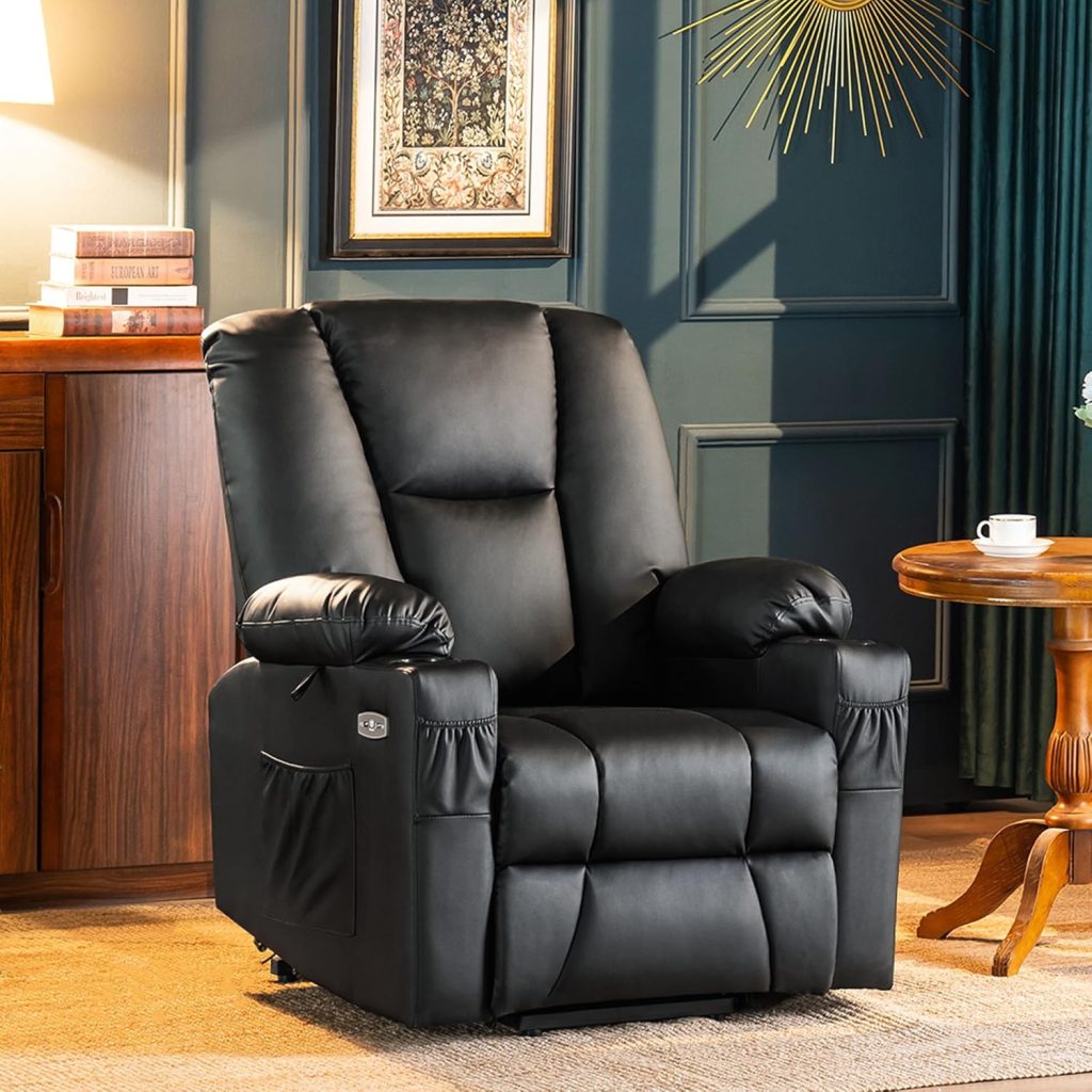 MCombo Power Lift Recliner Chair Sofa with Extended Footrest,3 Positions,Hand Remote Control,2 Cup Holders,USB Ports for Elderly People, 7507 (Faux Leather, Black)