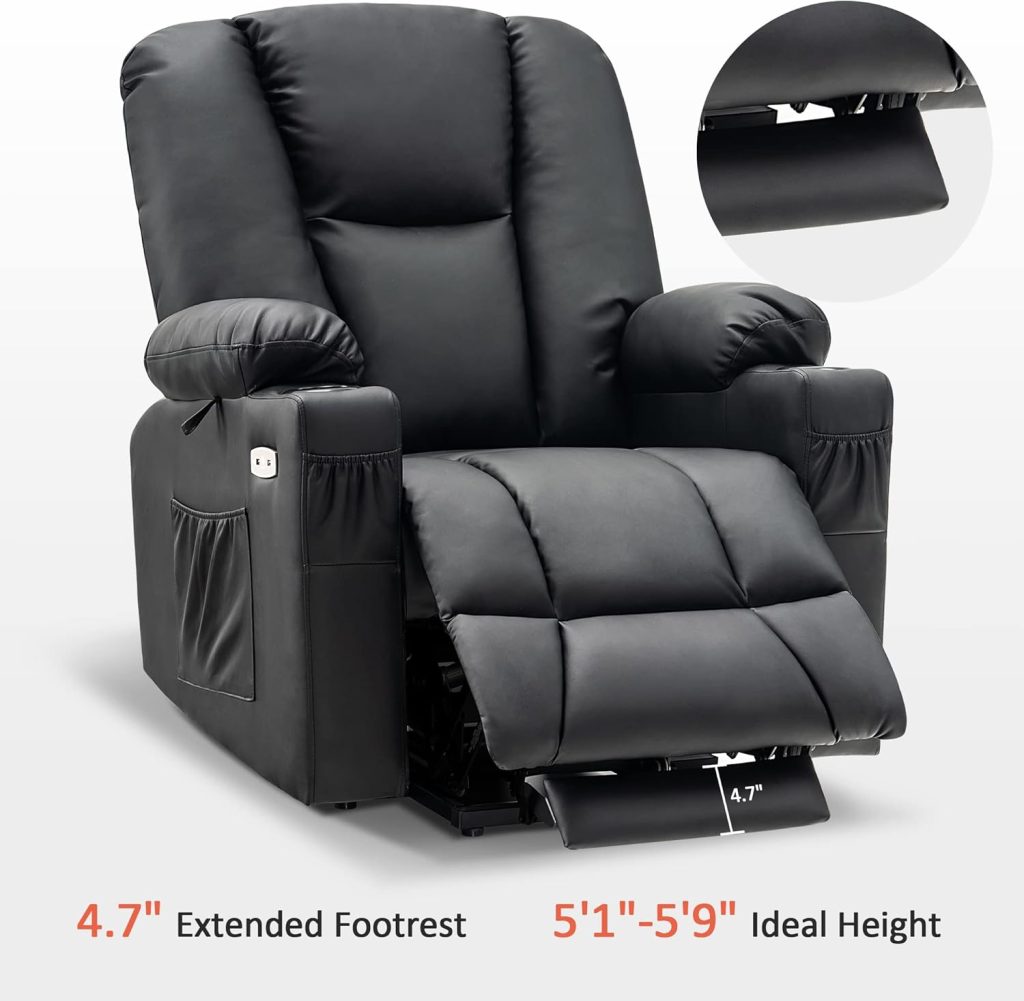 MCombo Power Lift Recliner Chair Sofa with Extended Footrest,3 Positions,Hand Remote Control,2 Cup Holders,USB Ports for Elderly People, 7507 (Faux Leather, Black)