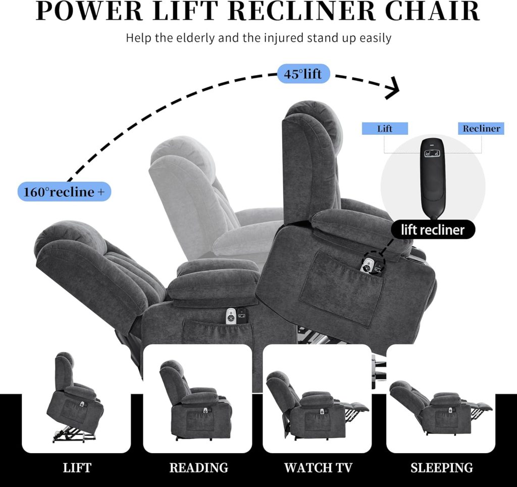 Power Lift Recliner Chair for Elderly with Massage and Heat, Recliner Chairs for Adults, Upgraded Fabric Reclining Sofa Chair with USB  Type-C Ports and Cup Holders, L1288(Grey)