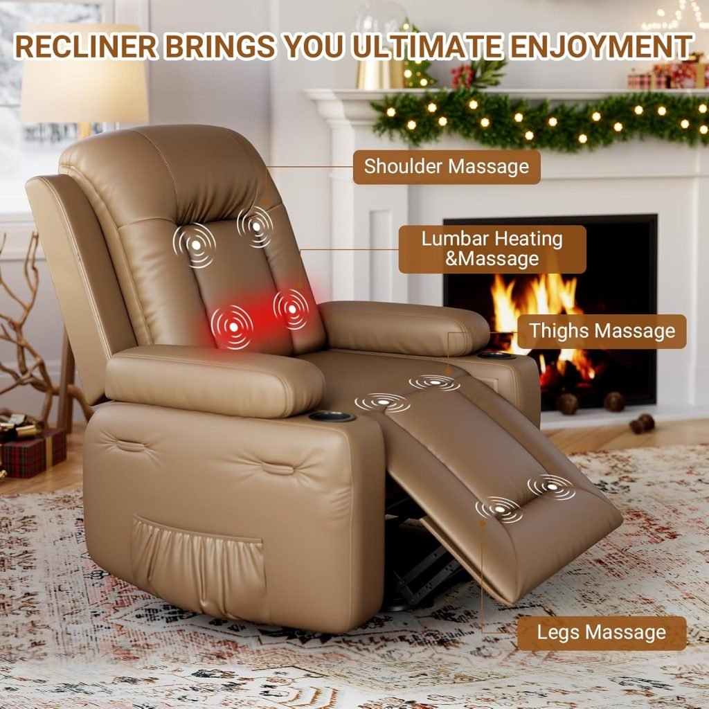 GarveeHome Swivel Rocking Recliner Chair, PU Leather Reclining Nursery Rockers with Heat Massage, 360° Round Base Rocker Recliner Chair with Pull Handle, Silla Mecedora, Vintage Dual-Tone GarveeHome Swivel Rocking Recliner Chair, PU Leather Reclining Nursery Rockers with Heat Massage, 360° Round Base Rocker Recliner Chair with Pull Handle, Silla Mecedora, Vintage Dual-Tone