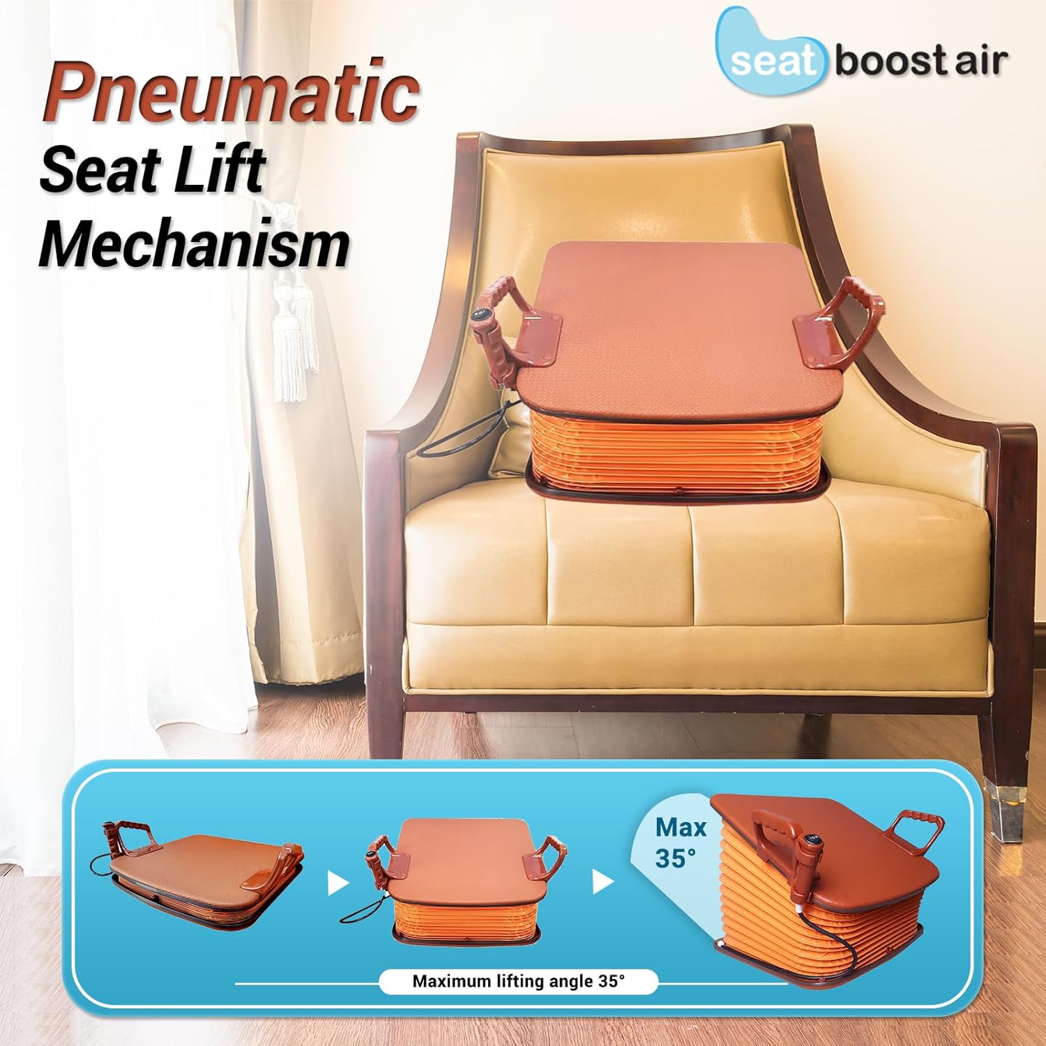 Pneumatic Seat Assist Lifting Cushion by Seat Boost Air – Most Durable Chair Lift Assist Device for Seniors Adults with 220lb Weight Capacity Lifting Angle Up to 35°, Portable Lift with Button Control