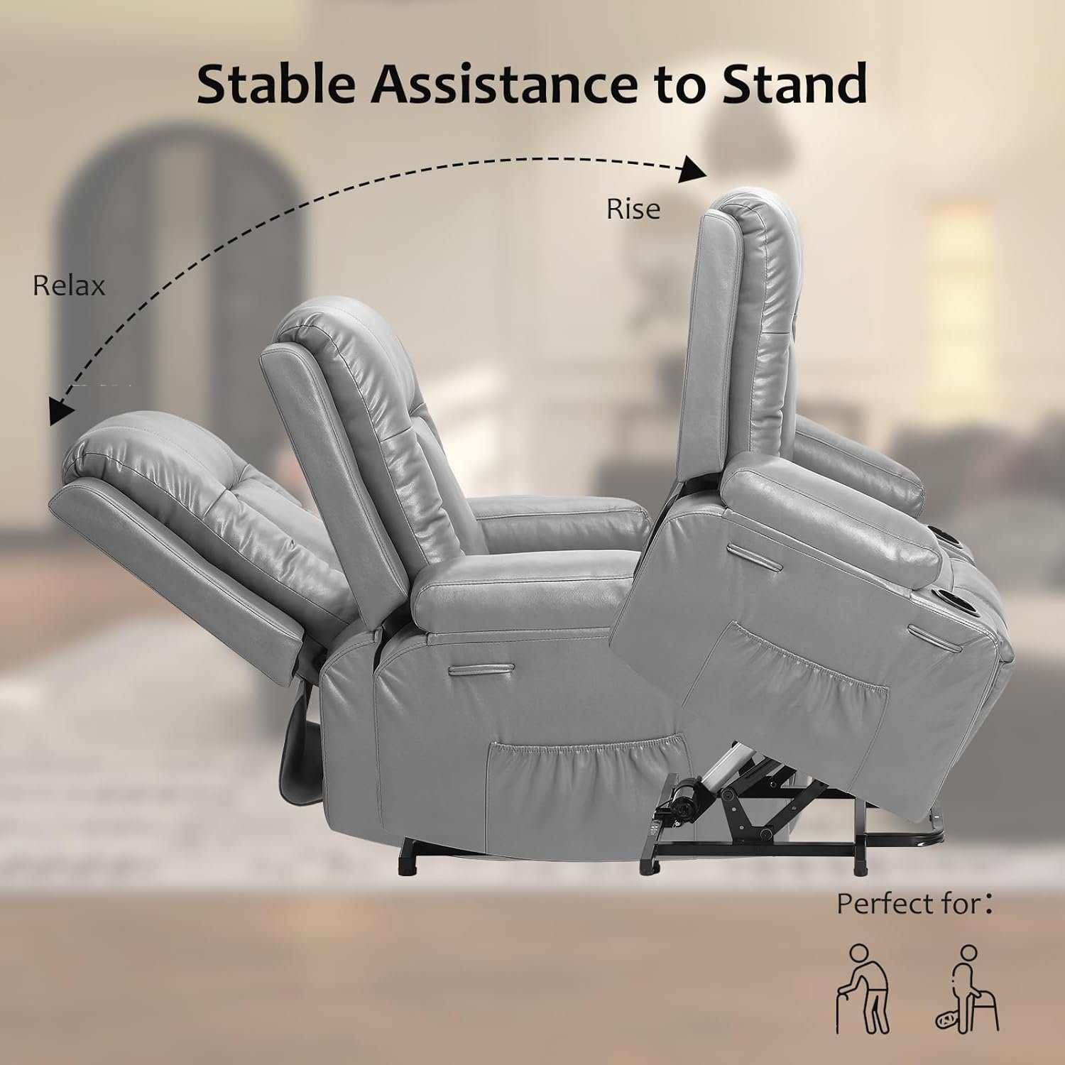GarveeHome Faux Leather Power Lift Recliner Chair for Elderly, Lift Assist Recliner for Seniors with Heat and Massage Function, Reclining Sofa w/Pockets and Cup Holders CF8008 (Gray, Medium)