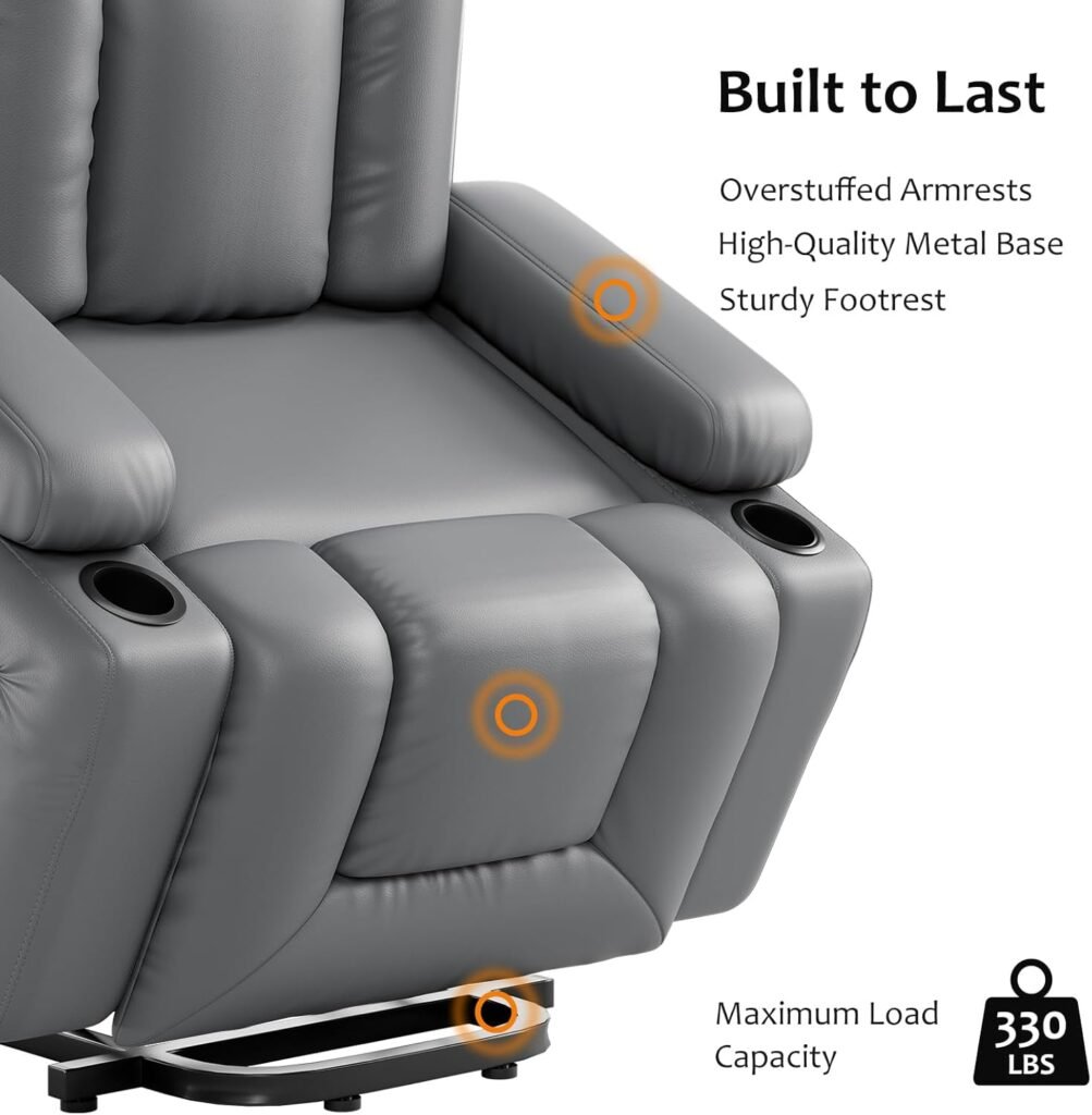 GarveeHome Faux Leather Power Lift Recliner Chair for Elderly, Lift Assist Recliner for Seniors with Heat and Massage Function, Reclining Sofa w/Pockets and Cup Holders CF8008 (Gray, Medium)