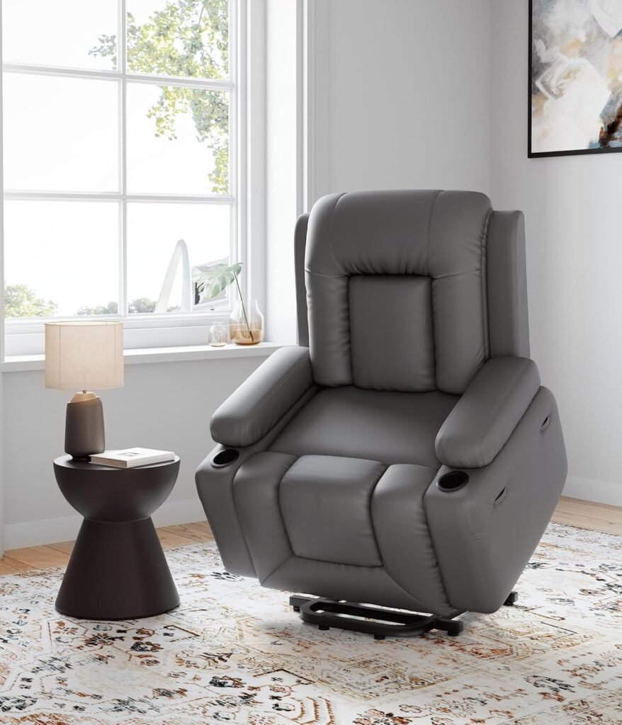 GarveeHome Faux Leather Power Lift Recliner Chair for Elderly, Lift Assist Recliner for Seniors with Heat and Massage Function, Reclining Sofa w/Pockets and Cup Holders CF8008 (Gray, Medium)