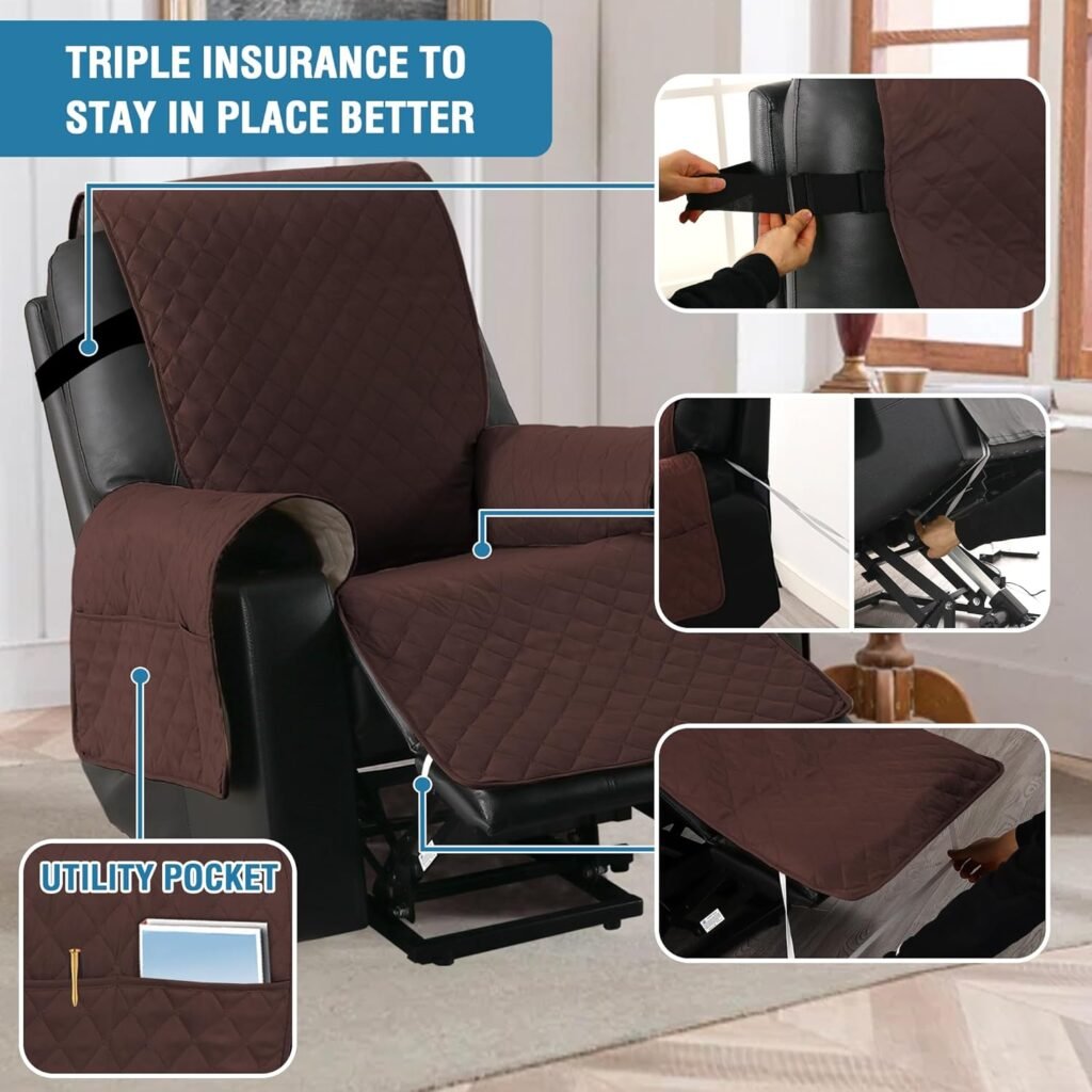 H.VERSAILTEX 100% Waterproof Power Lift Recliner Chair Cover Non Slip Electric Power Lift Recliner Covers for Recliner Chair with Pocket Large Recliner Chair Covers, Brown