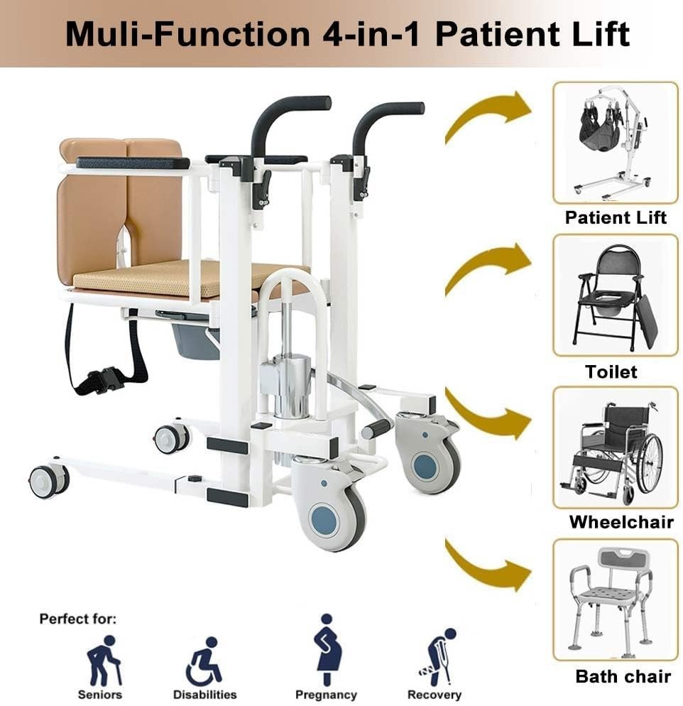 Hydraulic Patient Lift Transfer Chair for Home, Portable 4 in 1 Patient Lift Wheelchair with 180° Split Seat and Commode for Seniors Elderly Disabled, 330 Lb Capacity