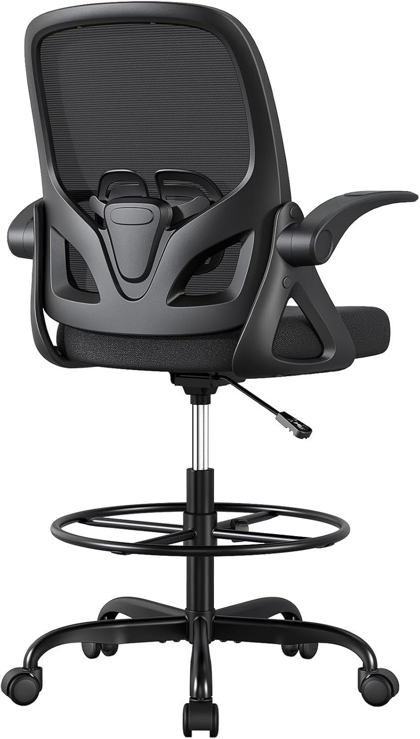 ORRSAKER Drafting Chair Tall Office Chair for Standing Desk, Breathable Mesh Ergonomic Computer Desk Chair with Flip-Up Armrests, Adjustable Lumbar Support and Footrest Ring,300 LBS，Black